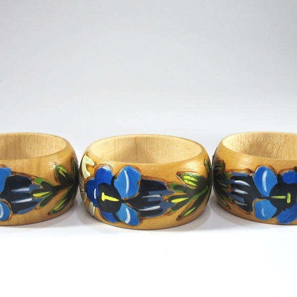 Wood Floral Napkin Rings, Set Six Stacking, Stand - Picture 7 of 8